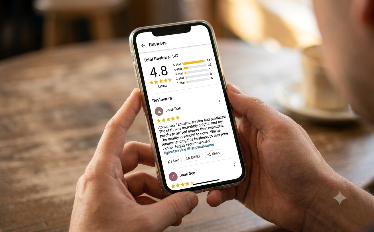 Customer reading a 5-star review